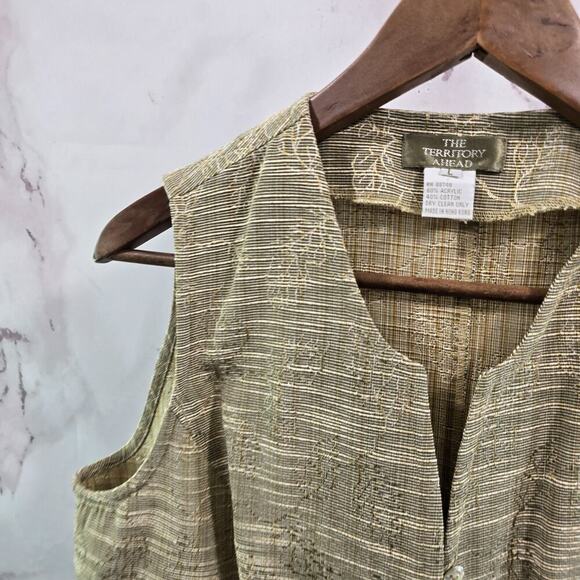 The Territory Ahead Vest Womens Large Beige Gold Tan Loop Button Jacket Jacquard - Picture 2 of 10